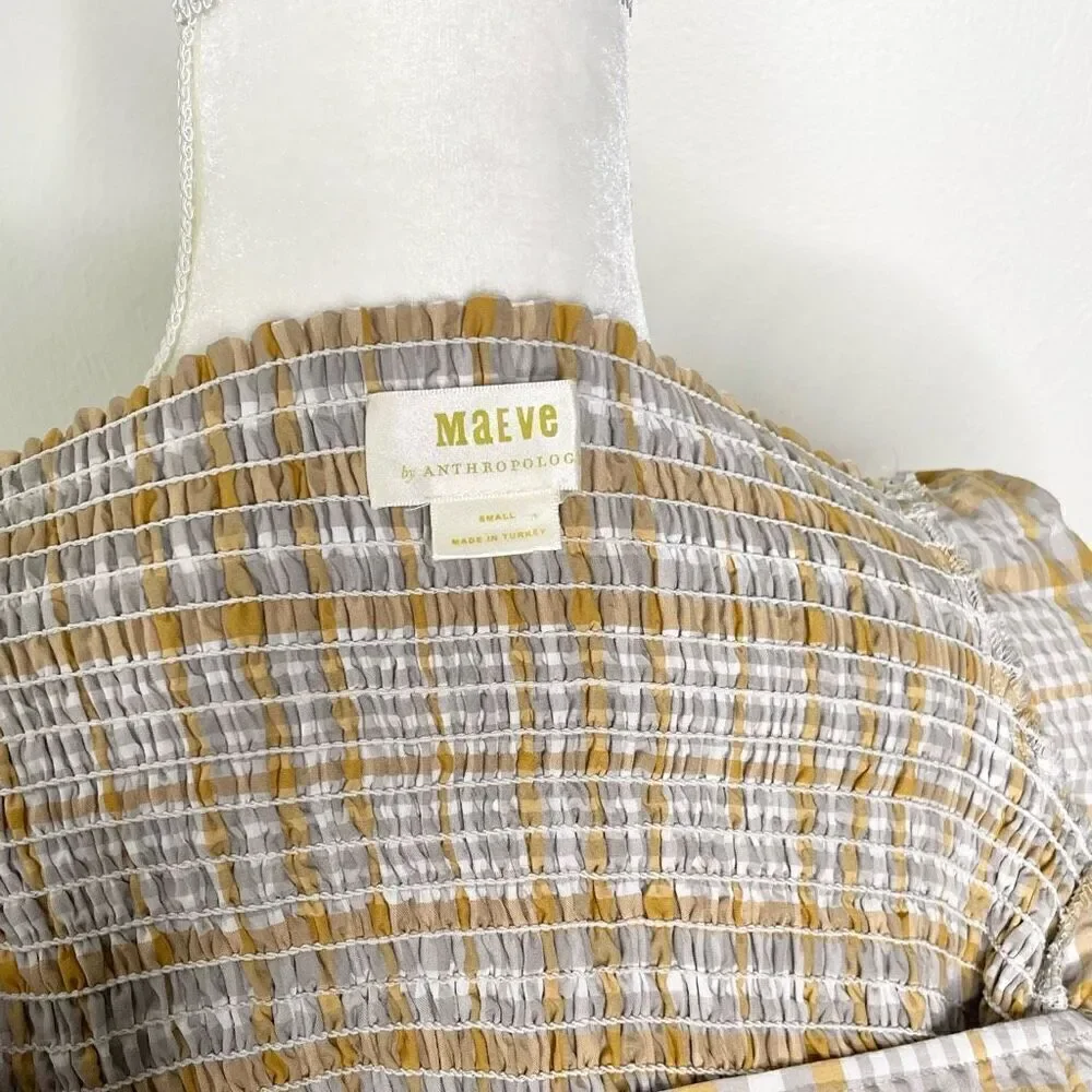 Anthropologie Yellow and White Plaid Puff-Sleeve Square Neck Top